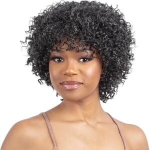 Shake-N-Go Human Hair Salt and Pepper Grey Kinky Curly Afro Wig EUC